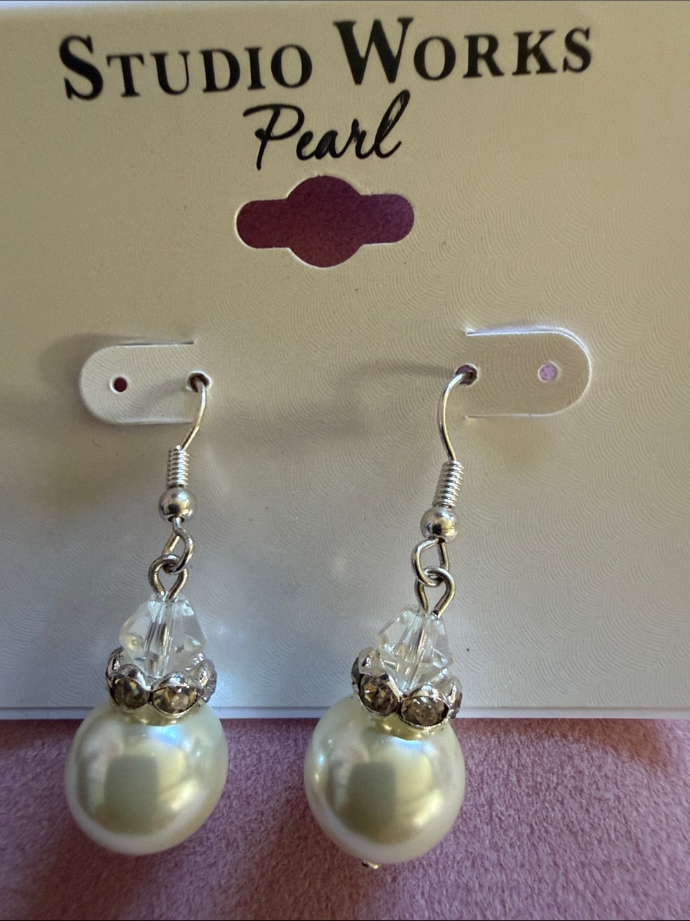 Studio Works Cream Faux Pearl 1” Drop Earrings with Crystal Accents, (J0209)